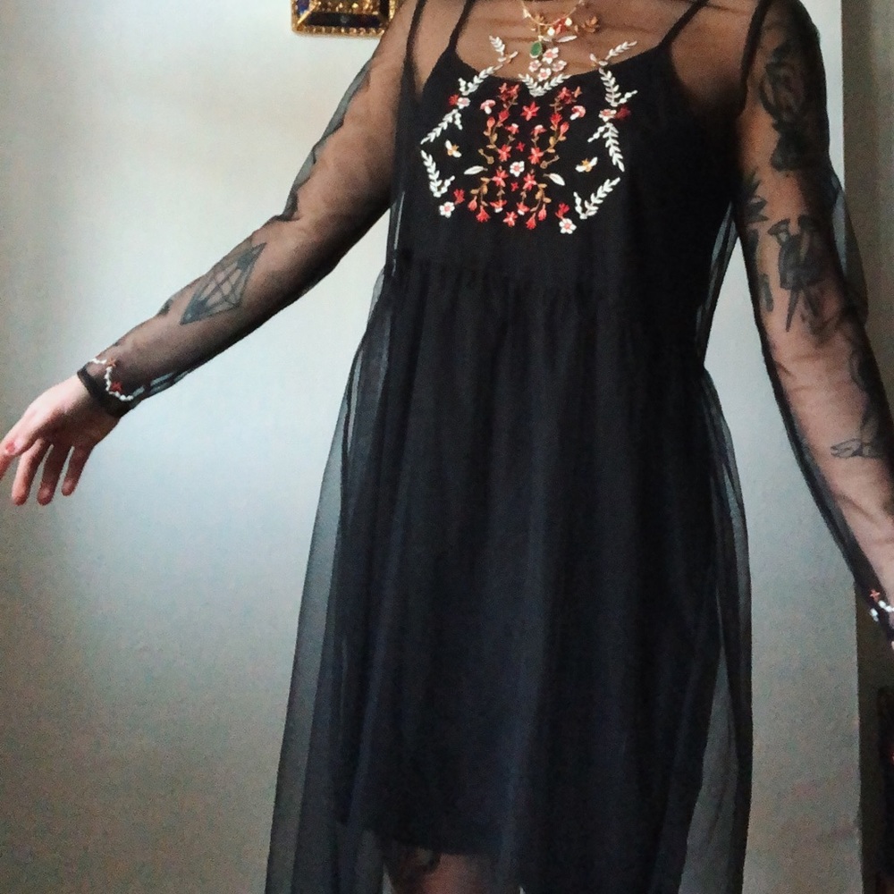 Black mesh long-sleeve dress w/ floral embroidery